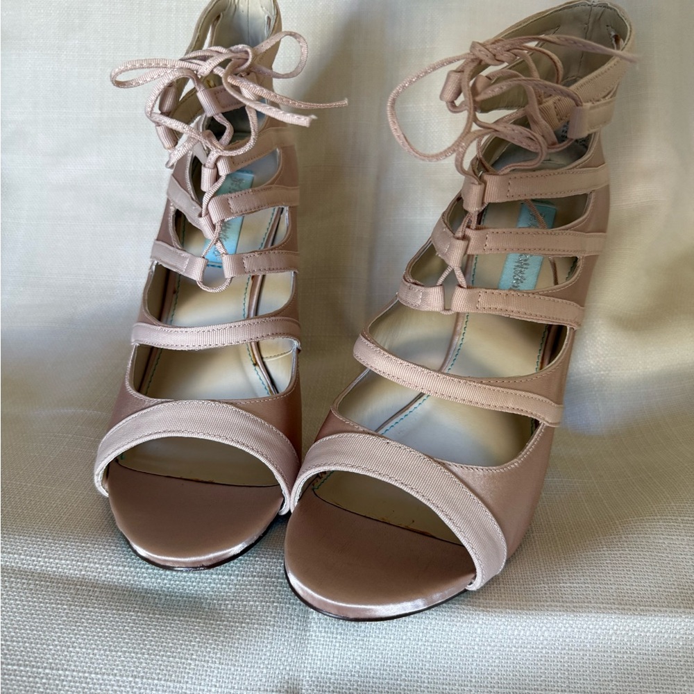 Betsey Johnson Dusty Blush Lace-Up Strappy Satin Heels